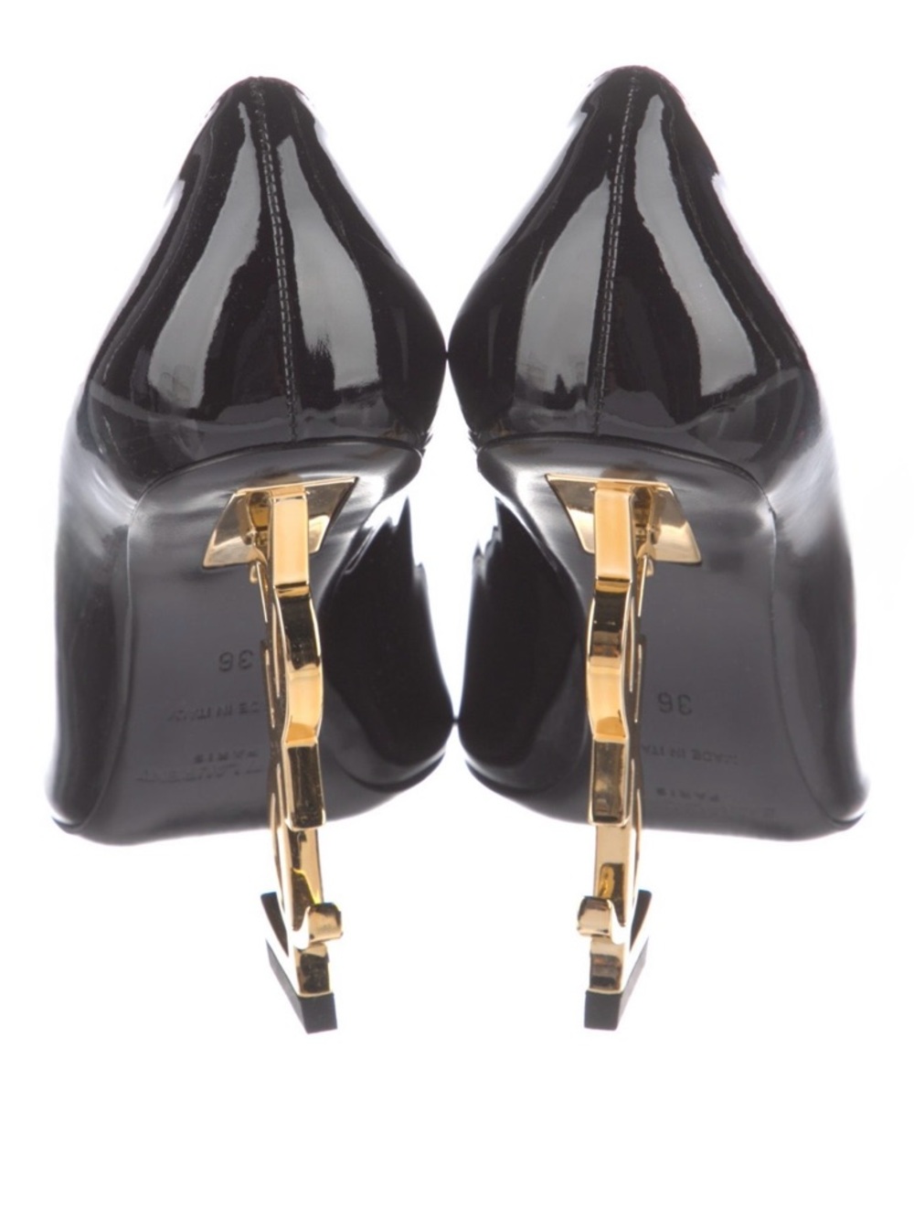Saint Laurent Black Patent Tribute Logo-Heel Pump with Gold Monogram Heel - Picture 4 of 5